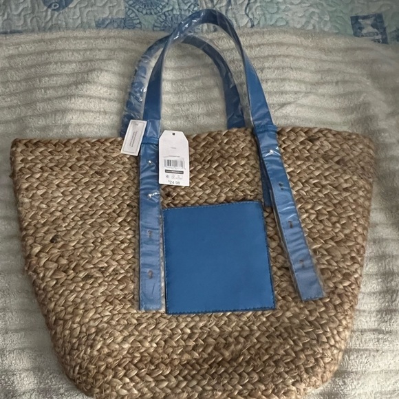 Jute pocket tote bag with blue handles - Picture 1 of 5